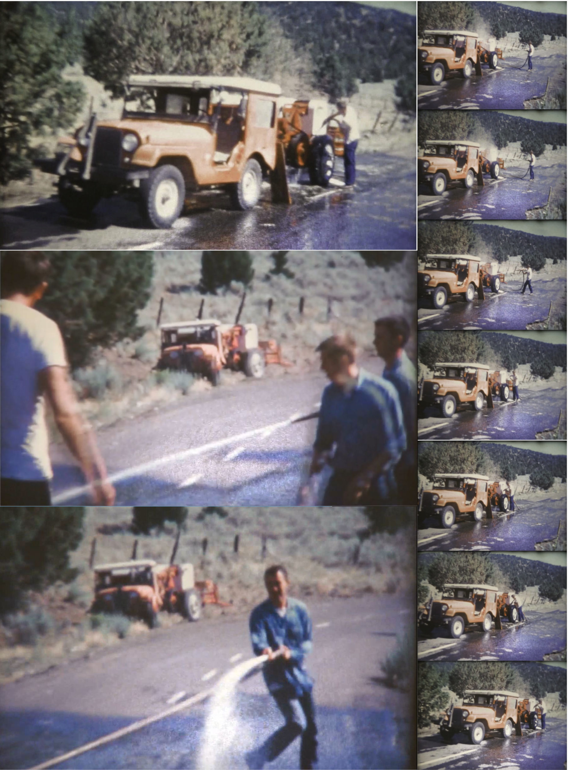 Group of pictures showing Jeeps and balers being washed
