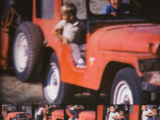 Yong boy jumps aboard a Jeep pulling a hay baler