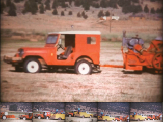 Jeep pulling hay baler is fueled by yellow truck