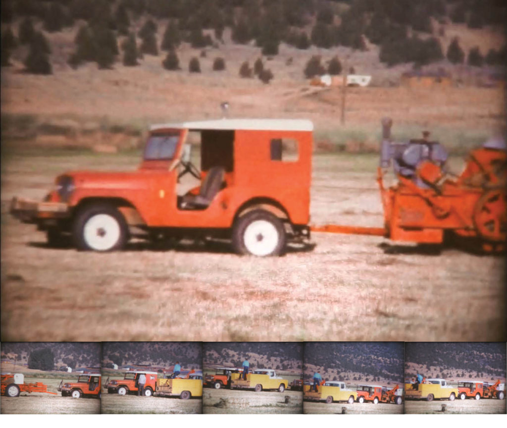 Jeep pulling hay baler is fueled by yellow truck