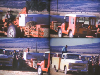 Group of 4 pictures showing Jeeps with haybalers