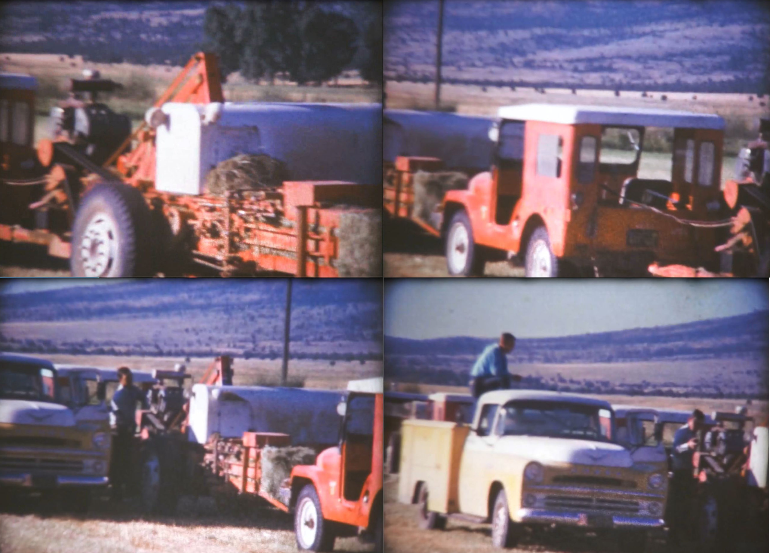Group of 4 pictures showing Jeeps with haybalers