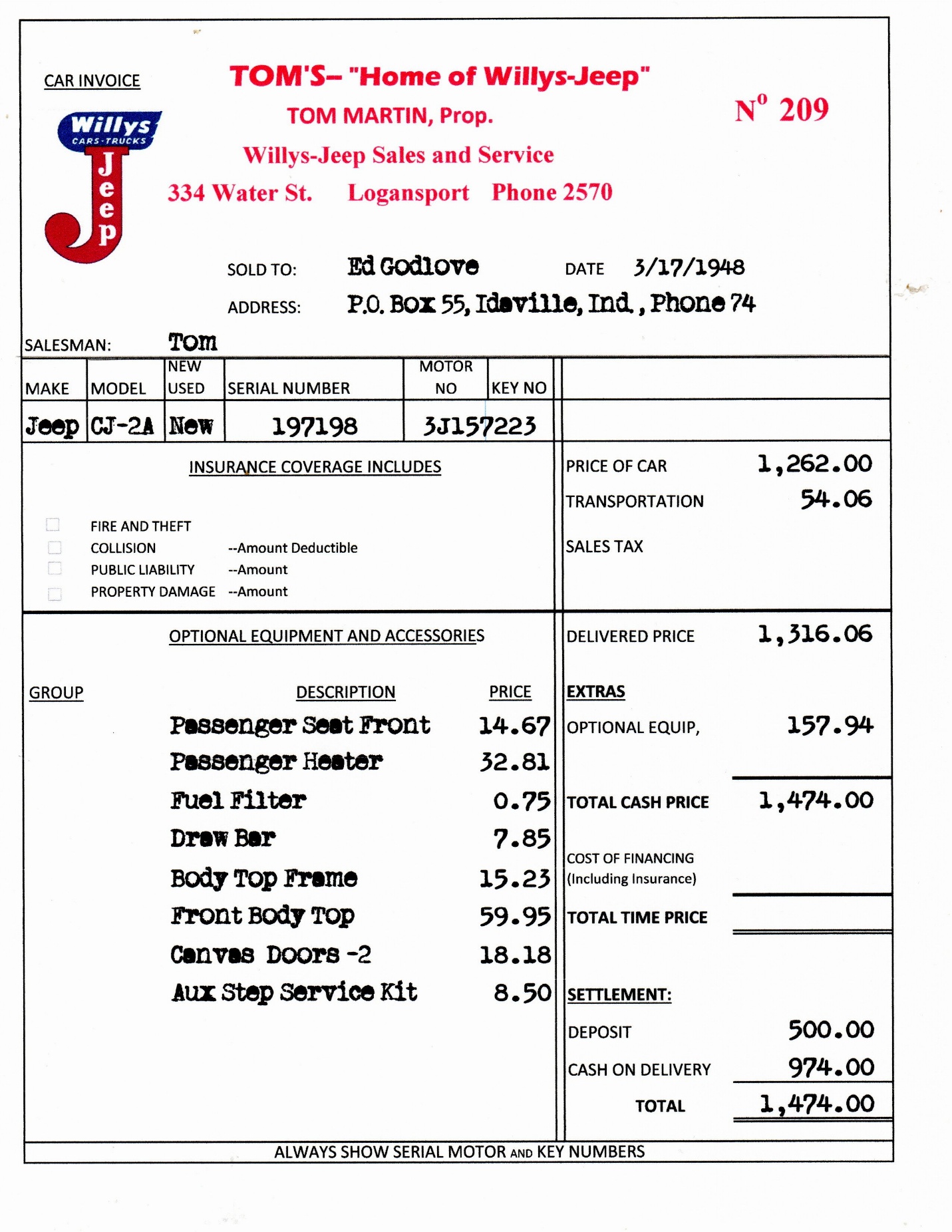 Recreation of Ed Godlove's original Jeep invoice